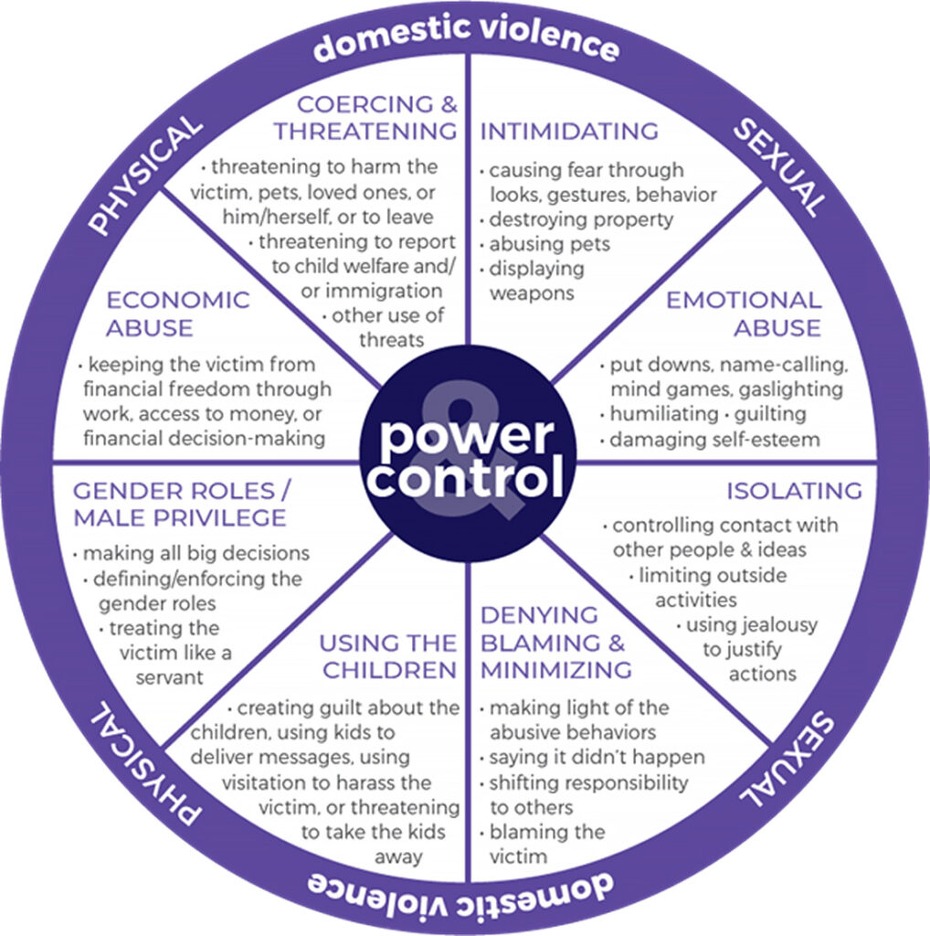 The Power and Control Wheel showing the different tactics of control and violence present in an abusive relationship.
